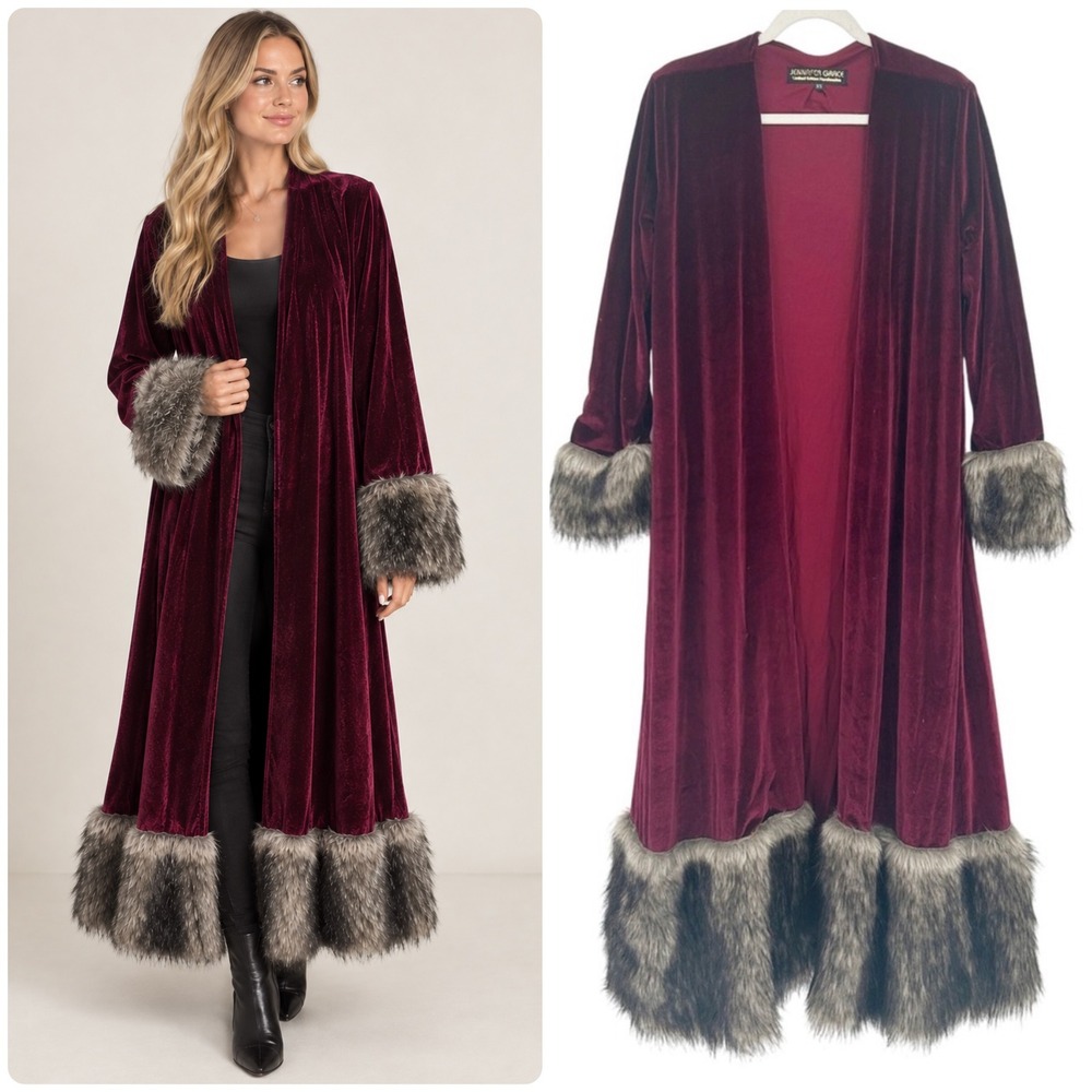 Jennafer Grace Womens Burgundy Velvet Faux Fur Trim Glam Mob Wife Duster Coat XS